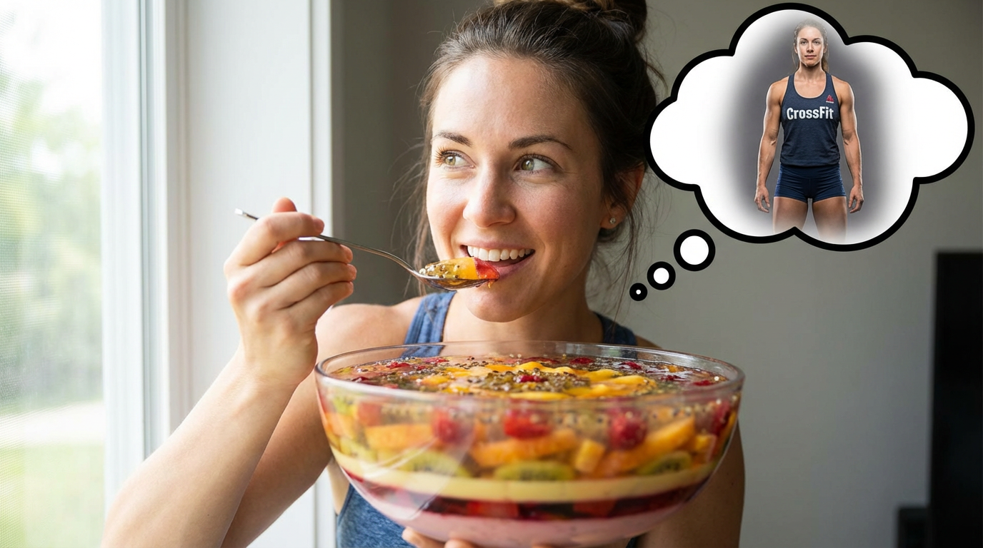 Woman enjoying a healthy gelatin fruit bowl